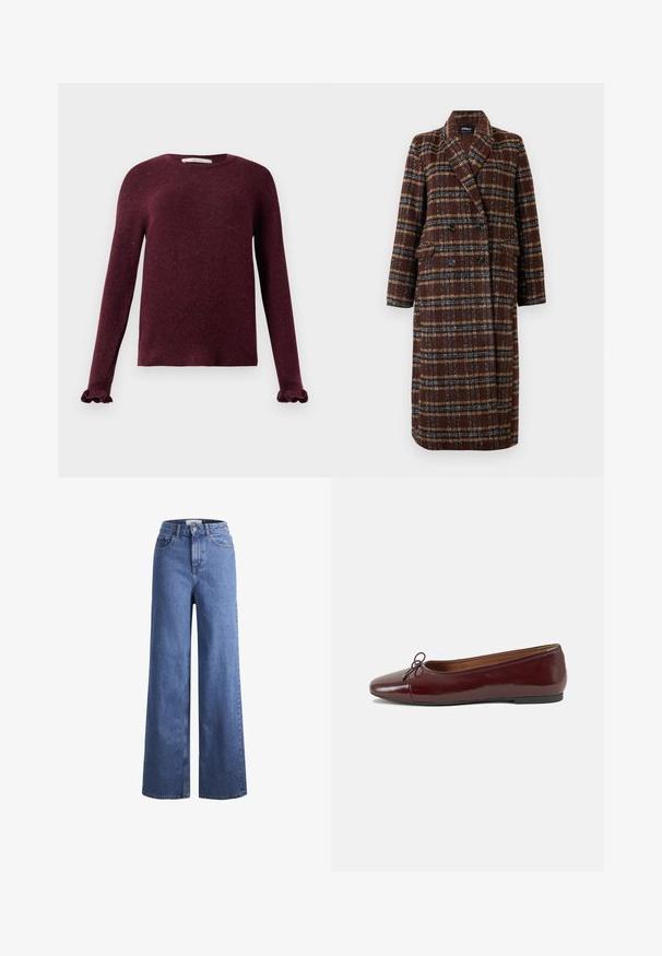Manteau long en plaid marron à double boutonnage avec col à revers, boutons noirs et poches à rabat, présenté sur un fond blanc.; Pull en tricot bordeaux à manches longues avec des poignets volants et un col rond sur un fond uni.; Jean large en denim bleu clair avec taille haute, deux poches avant et coutures visibles. Fermeture à bouton et à zip.; Ballerines en cuir verni bordeaux avec un bout rond, un petit nœud décoratif à l'avant et une semelle en caoutchouc noire basse. Texture lisse.