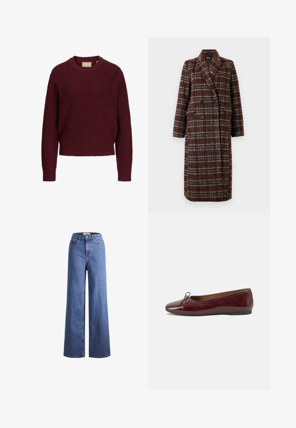Dlouhý hnědý kostkovaný kabát na dvouřadé zapínání s klopovým límcem, černými knoflíky a kapsami s klopou, vystavený na bílém pozadí.; Bordeaux pletený svetr s kulatým výstřihem a žebrovanými manžetami a spodním lemem. Má volný střih a texturovaný vzor po celém povrchu.; Svetle modré denimové široké kalhoty s vysokým pasem, dvěma předními kapsami a viditelným švem. Obsahují knoflíkový a zipový uzávěr.; Burgundské lakové baleríny s kulatou špičkou, malou mašlí vpředu a nízkou černou gumovou podrážkou. Hladký povrch.