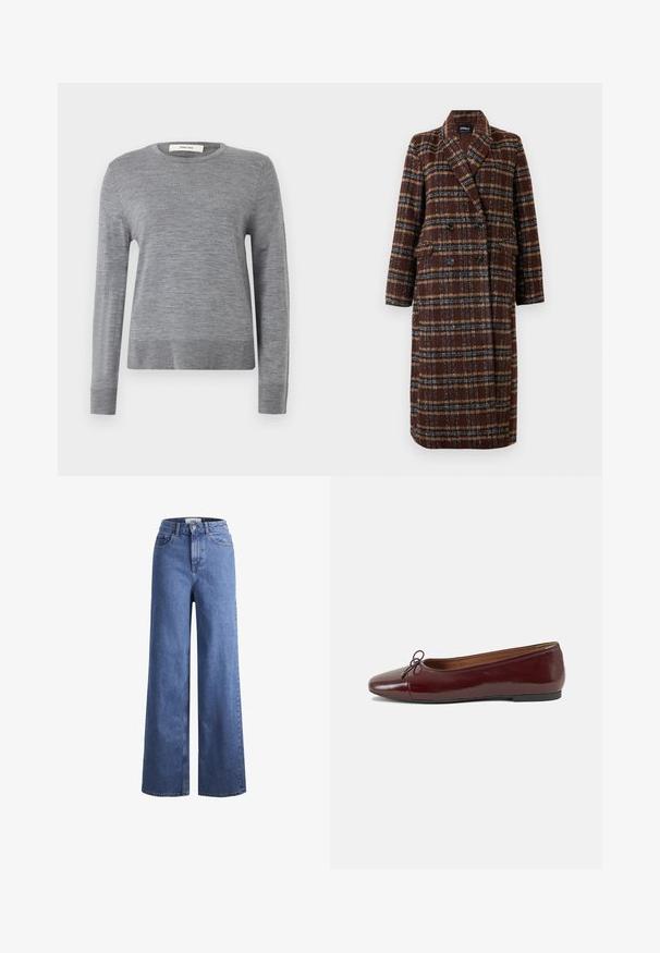 Hosszú, dupla soros barna kockás kabát, kapucnis gallérral, fekete gombokkal és hajtókás zsebekkel, fehér háttér előtt bemutatva.; Szürke, hosszú ujjú pulóver, puha anyagból készült. Kerek nyakkivágással és bordázott mandzsettákkal és alsó szegéllyel rendelkezik. Egyszerű, könnyű dizájn, minta nélkül.; Világoskék, széles szárú farmernadrág magas derékkal, két elülső zsebbel és látható varrással. Gombos és cipzáros záródás.; Burgundi lakkbőr balettcipő kerek orral, elöl kis masni díszítéssel és alacsony, fekete gumi talppal. Simára csiszolt felület.