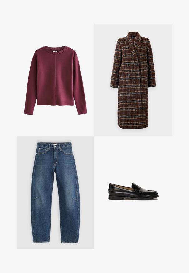 Manteau long en plaid marron à double boutonnage avec col à revers, boutons noirs et poches à rabat, présenté sur un fond blanc.; Pull en tricot bordeaux avec un col rond côtelé, des manches longues et une coupe décontractée. Présente un design avant sans couture et une texture douce.; Jean en denim bleu foncé avec une coupe droite, dotés de poches avant, de surpiqûres contrastées et d'une texture légèrement délavée sur les jambes.; Mocassin en cuir noir avec un bout arrondi, design à enfiler et détails de couture subtils le long de la tige. Semelle plate en caoutchouc.