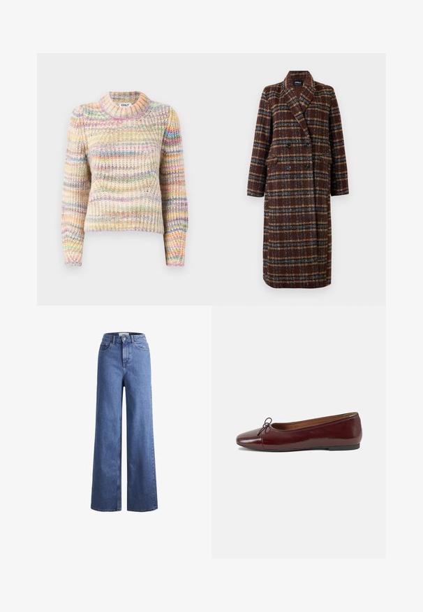 Cappotto lungo doppiopetto a quadri marrone con colletto a bavero, bottoni neri e tasche a soffietto, esposto su uno sfondo bianco.; Maglione multicolore lavorato a maglia con una texture a coste, caratterizzato da un collo alto, maniche lunghe e strisce alternate in tonalità pastello.; Jeans ampia in denim azzurro chiaro con vita alta, due tasche anteriori e cuciture in vista. Presentano una chiusura con bottone e zip.; Ballerine in pelle verniciata bordeaux con punta arrotondata, piccolo fiocco decorativo sulla parte anteriore e suola bassa in gomma nera. Texture liscia.