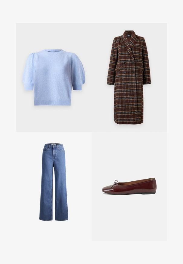 Gara divrindas brūna raibā mētelis ar atloku apkakli, melniem pogām un kabatām ar vāciņu, izstādīta pret baltu fona.; Gaiši zils īsām piedurknēm svīteris ar apaļu dekoltē, ar teksturētu apdari un puffed piedurknēm. Ribota apdare pie piedurknēm un apakšmalas.; Gai zili džinsi ar platu kāju un augstu jostu, divas priekšējās kabatas un redzamu šuvju. Iekļauj pogas un rāvējslēdzēja aizdari.; Burgundijas laku ādas baleta kurpes ar noapaļotu purngalu, nelielu loku akcentu priekšā un zemu melnu gumijas zoli. Gluda tekstūra.