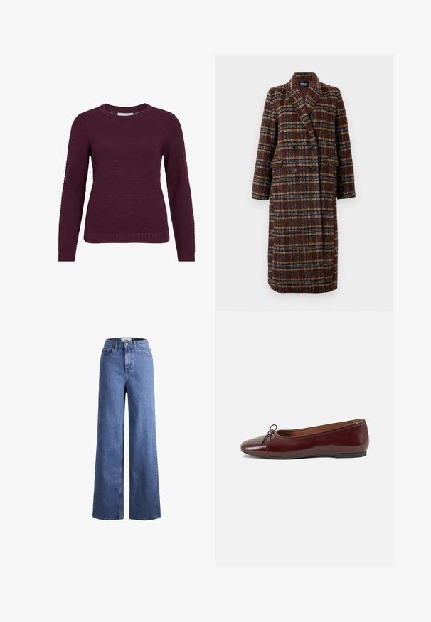 Długi brązowy płaszcz w kratę z podwójnym zapięciem, z klapami, czarnymi guzikami i kieszeniami z klapami, wyeksponowany na białym tle.; Burgundowy sweter pulower z fakturowanym wzorem w plaster miodu, okrągłym dekoltem, długimi rękawami oraz ściągaczami na mankietach i dole.; Jasnoniebieskie dżinsy o szerokich nogawkach i wysokim stanie, z dwoma przednimi kieszeniami i widocznym przeszyciem. Posiadają zamek błyskawiczny i zapięcie na guzik.; Bordowe baleriny z lakierowanej skóry z zaokrąglonym noskiem, małą kokardką z przodu oraz niską, czarną gumową podeszwą. Gładka tekstura.