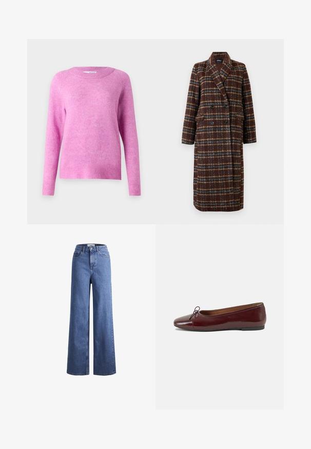 Long double-breasted brown plaid coat with lapel collar, black buttons, and flap pockets, displayed against a white background.; Pink sweater with long sleeves, round neckline, and ribbed cuffs. Soft texture with a slightly fuzzy appearance and relaxed fit.; Light blue denim wide-leg jeans with a high waist, two front pockets, and visible stitching. Features a button and zipper closure.; Burgundy patent leather ballet flat with a rounded toe, small bow accent at the front, and a low, black rubber sole. Smooth texture.