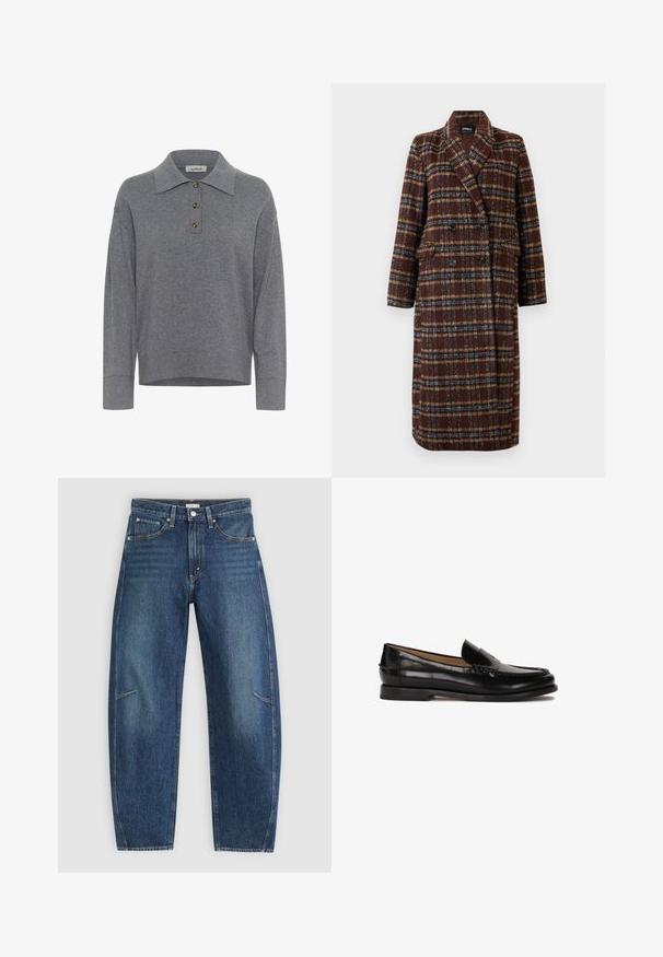 Lång dubbelknäppt brun rutig kappa med slagkrage, svarta knappar och ficklock, uppställd mot en vit bakgrund.; Grå långärmad stickad tröja med krage och tre bruna knappar på placket, märkt "soaked."; Mörkblå denimjeans med rak ben-design, som har framfickor, kontrasterande sömmar och en subtil blekt textur på benen.; Svart läderloafer med rundad tå, slip-on-design och subtila sömnadsdetaljer längs ovandelen. Platt gummisula.