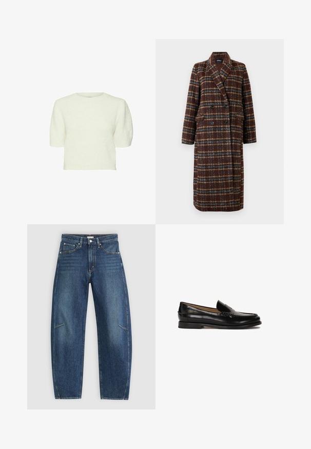Lang, dobbeltradet brun plaidfrakke med reverskrave, sorte knapper og klaplommer, præsenteret mod en hvid baggrund.; Hvid kortærmet sweater med en tekstureret, fluffy overflade, rund halsudskæring og cropped pasform. Blødt materiale og enkelt design.; Mørkeblå denim jeans med lige ben-design, der har forkæbbes lommer, kontrastsyninger og en subtil falmet tekstur på benene.; Sorte læder loafers med en rund tå, slidserdesign og subtile syninger langs overdelen. Flad gummisål.