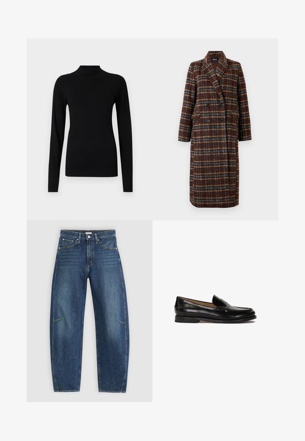 Dlouhý hnědý kostkovaný kabát na dvouřadé zapínání s klopovým límcem, černými knoflíky a kapsami s klopou, vystavený na bílém pozadí.; Černý rolák vyrobený z hladké, lehké tkaniny. Má dlouhé rukávy a přiléhavé manžety, s žebrovanou texturou na lemu.; Tmavě modré džíny s rovnými nohavicemi, vybavené předními kapsami, kontrastním šitím a jemně vybledlou texturou na nohavicích.; Černé kožené mokasíny s kulatou špičkou, jednoduchým designem na obouvání a diskrétními prošívanými detaily na svršku. Plochá gumová podrážka.
