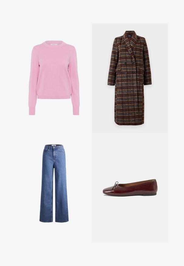 Hosszú, dupla soros barna kockás kabát, kapucnis gallérral, fekete gombokkal és hajtókás zsebekkel, fehér háttér előtt bemutatva.; Világos rózsaszín kötött pulóver kerek nyakkal, hosszú ujjakkal, bordás mandzsettákkal és aljjal. Simább textúrával és klasszikus szabással rendelkezik.; Világoskék, széles szárú farmernadrág magas derékkal, két elülső zsebbel és látható varrással. Gombos és cipzáros záródás.; Burgundi lakkbőr balettcipő kerek orral, elöl kis masni díszítéssel és alacsony, fekete gumi talppal. Simára csiszolt felület.