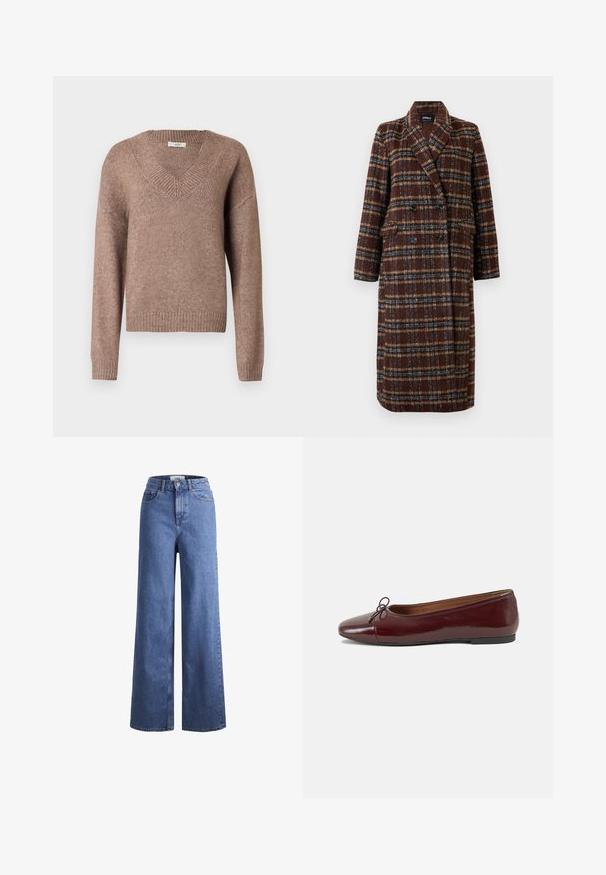 Dolg plašč z dvojnim zapenjanjem v rjavem karirastem vzorcu z rever ovratnikom, črnimi gumbi in žepi s poklopcem, prikazan na belem ozadju.; Rjavo pleteno pulover z V-izrezom, dolgimi rokavi, rebrastimi manšetami in spodnjim robom. Material se zdi mehak z rahlo teksturirano površino.; Svijetloplave traper hlače širokih nogavica s visokim strukom, s dva prednja džepa i vidljivim šavovima. Ima kopčanje na gumb i zatvarač.; Burgundska patenti usnjeni baletni čevlji z zaobljenim prstom, majhnim lokom na sprednji strani in nizkim črnim gumijastim podplatom. Gladka tekstura.