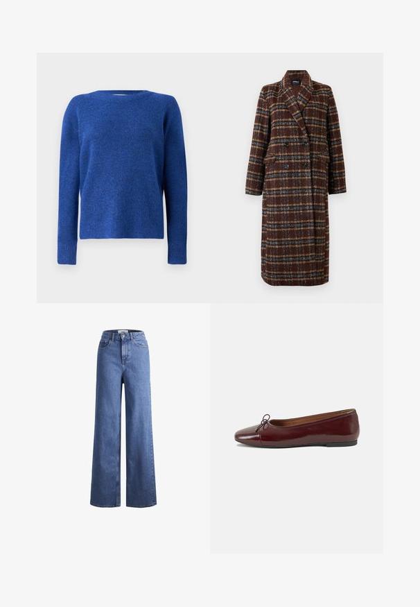 Long double-breasted brown plaid coat with lapel collar, black buttons, and flap pockets, displayed against a white background.; Blue knitted sweater with a round neck, long sleeves, and a soft texture. Features a slightly loose fit and ribbed cuffs at the sleeves.; Light blue denim wide-leg jeans with a high waist, two front pockets, and visible stitching. Features a button and zipper closure.; Burgundy patent leather ballet flat with a rounded toe, small bow accent at the front, and a low, black rubber sole. Smooth texture.