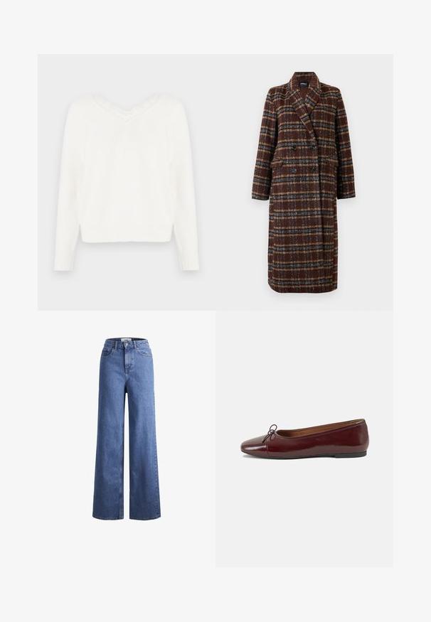 Manteau long en plaid marron à double boutonnage avec col à revers, boutons noirs et poches à rabat, présenté sur un fond blanc.; Pull en tricot blanc avec un décolleté en V et des bordures en dentelle. Il dispose de manches longues, de poignets côtelés et d'un ourlet légèrement court. Tissu doux et texturé.; Jean large en denim bleu clair avec taille haute, deux poches avant et coutures visibles. Fermeture à bouton et à zip.; Ballerines en cuir verni bordeaux avec un bout rond, un petit nœud décoratif à l'avant et une semelle en caoutchouc noire basse. Texture lisse.
