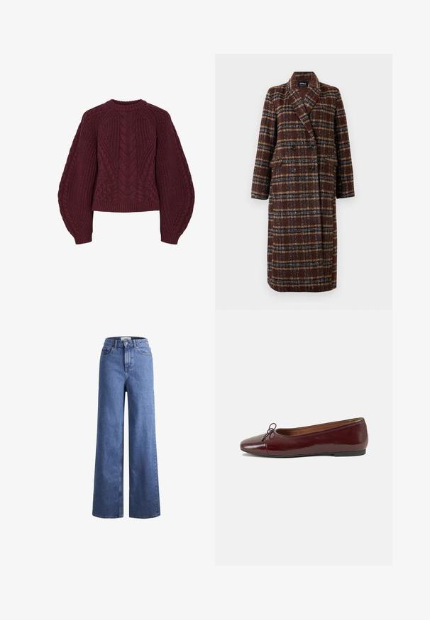 Dolg plašč z dvojnim zapenjanjem v rjavem karirastem vzorcu z rever ovratnikom, črnimi gumbi in žepi s poklopcem, prikazan na belem ozadju.; Bordo pleten pulover z teksturiranimi kabelskimi vzorci, okroglim ovratnikom in napihnjenimi rokavi. Rebrasti manšeti in rob podčrtata dizajn.; Svijetloplave traper hlače širokih nogavica s visokim strukom, s dva prednja džepa i vidljivim šavovima. Ima kopčanje na gumb i zatvarač.; Burgundska patenti usnjeni baletni čevlji z zaobljenim prstom, majhnim lokom na sprednji strani in nizkim črnim gumijastim podplatom. Gladka tekstura.