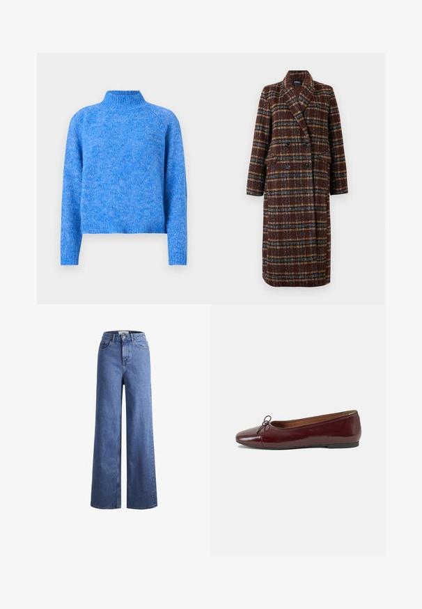 Dolg plašč z dvojnim zapenjanjem v rjavem karirastem vzorcu z rever ovratnikom, črnimi gumbi in žepi s poklopcem, prikazan na belem ozadju.; Svetlo modri pleteni pulover s turtleneck ovratnikom, rahlo skrajšano krojenjem, raglan rokavi in mehkim, teksturiranim zaključkom. Tkanina ima heathered videz.; Svijetloplave traper hlače širokih nogavica s visokim strukom, s dva prednja džepa i vidljivim šavovima. Ima kopčanje na gumb i zatvarač.; Burgundska patenti usnjeni baletni čevlji z zaobljenim prstom, majhnim lokom na sprednji strani in nizkim črnim gumijastim podplatom. Gladka tekstura.