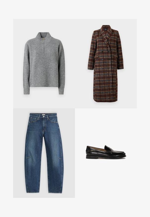 Cappotto lungo doppiopetto a quadri marrone con colletto a bavero, bottoni neri e tasche a soffietto, esposto su uno sfondo bianco.; Maglione grigio a maglia con colletto alto, mezzo zip, texture a coste e maniche lunghe. Presenta un accento circolare dorato sulla zip.; Jeans in denim blu scuro con design a gamba dritta, caratterizzati da tasche anteriori, cuciture a contrasto e una leggera texture sbiadita lungo le gambe.; Mocassino in pelle nera con punta arrotondata, design slip-on e dettagli di cucitura discreti lungo la parte superiore. Suola piatta in gomma.