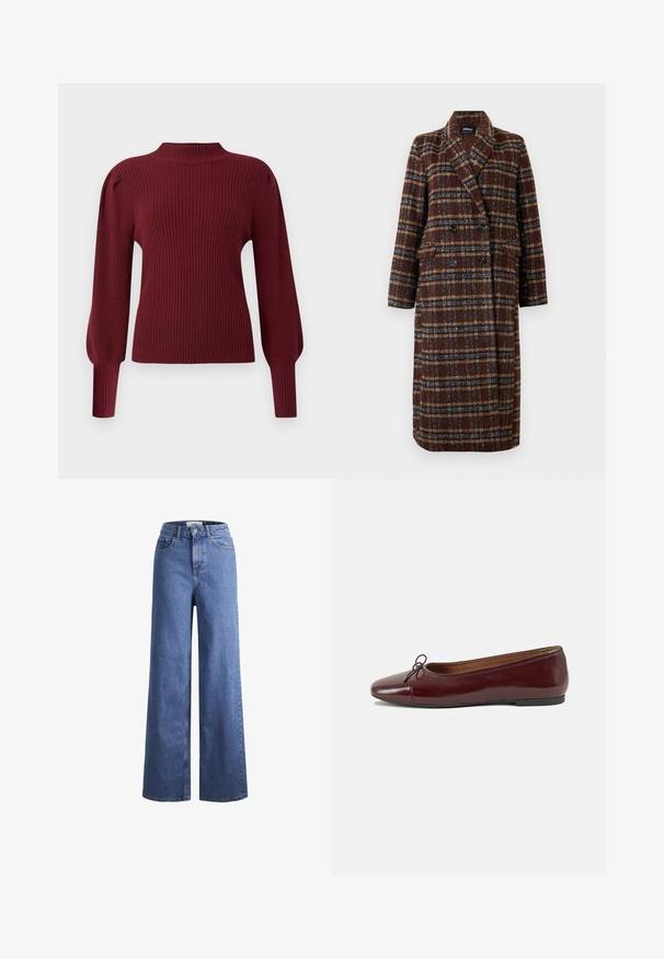 Langer brauner Karo-Doppelreiher-Mantel mit Reverskragen, schwarzen Knöpfen und Klappentaschen, vor einem weißen Hintergrund präsentiert.; Burgunderfarbener Rippstrickpullover mit hohem Kragen, langen Puffärmeln und schmalen Bündchen. Merkmale sind eine weiche Textur und ein strukturiertes Design.; Helleblaue Denim-Weite-Leg-Jeans mit hoher Taille, zwei vorderen Taschen und sichtbarer Naht. Mit Knopf- und Reißverschluss.; Burgunderfarbenes, lackiertes Ballettschuh mit abgerundetem Zehenbereich, kleiner Schleifenakzent vorne und einer niedrigen, schwarzen Gummisohle. Glatte Textur.