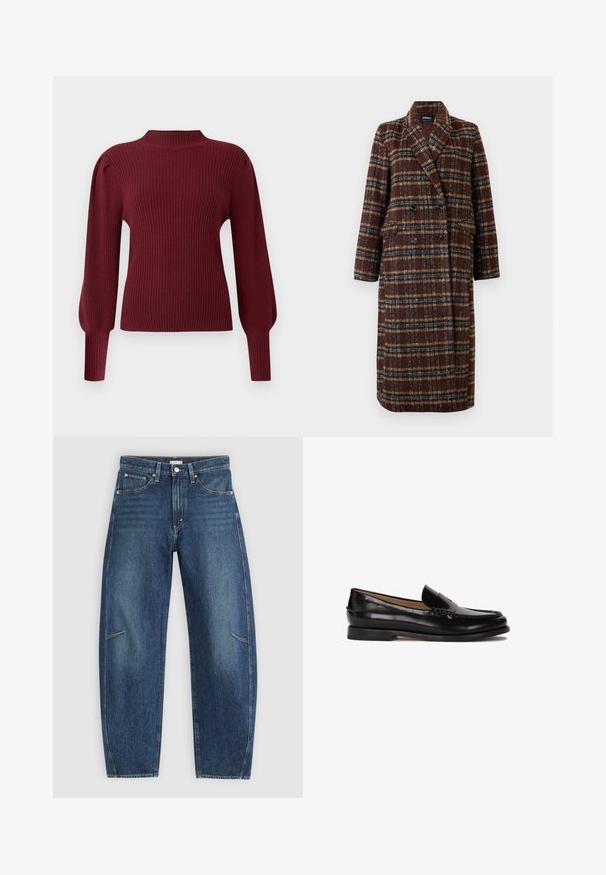 Hosszú, dupla soros barna kockás kabát, kapucnis gallérral, fekete gombokkal és hajtókás zsebekkel, fehér háttér előtt bemutatva.; Burgundi színű bordás kötött pulóver magas gallérral, hosszú puffos ujjakból és szoros mandzsettákból. Puha tapintású és strukturált kialakítású.; Sötétkék farmernadrág egyenes lábbal, elülső zsebekkel, kontrasztöltéssel és enyhén kopott textúrával a lábakon.; Fekete bőr mokaszin lekerekített orral, slip-on kialakítással és finom varrás részletekkel a felsőrészen. Lapos gumitalp.
