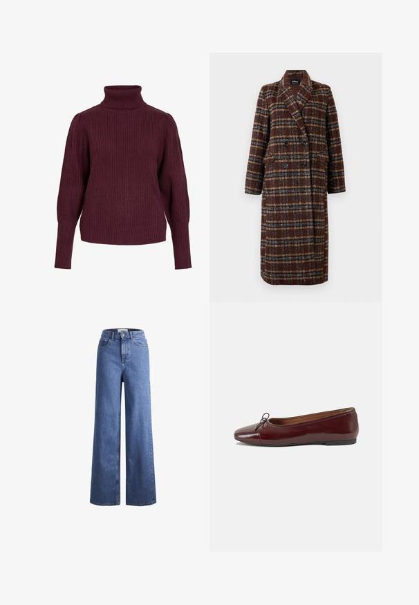 Dolg plašč z dvojnim zapenjanjem v rjavem karirastem vzorcu z rever ovratnikom, črnimi gumbi in žepi s poklopcem, prikazan na belem ozadju.; Burgundska turtleneck pulover iz ribane pletene tkanine, z dolgimi rokavi in udobnim krojem, ki ima tesne manšete in visok ovratnik.; Svijetloplave traper hlače širokih nogavica s visokim strukom, s dva prednja džepa i vidljivim šavovima. Ima kopčanje na gumb i zatvarač.; Burgundska patenti usnjeni baletni čevlji z zaobljenim prstom, majhnim lokom na sprednji strani in nizkim črnim gumijastim podplatom. Gladka tekstura.