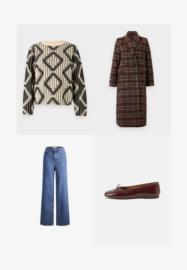 Long double-breasted brown plaid coat with lapel collar, black buttons, and flap pockets, displayed against a white background.; Black and cream patterned sweater featuring a geometric diamond design, round neckline, and long sleeves with ribbed cuffs.; Light blue denim wide-leg jeans with a high waist, two front pockets, and visible stitching. Features a button and zipper closure.; Burgundy patent leather ballet flat with a rounded toe, small bow accent at the front, and a low, black rubber sole. Smooth texture.