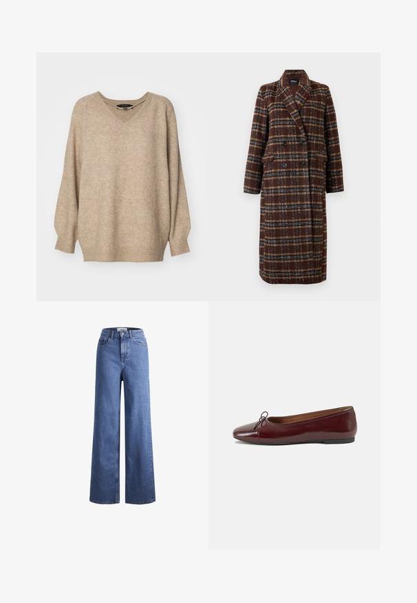 Ilgas dvigubas rudas langeliais paltas su apykakle, juodais mygtukais ir kišenėmis su atvartais, eksponuojamas ant balto fono.; Kremo spalvos per didelis megztinis su V formos iškirpte, turintis tekstūruotą audinį ir gipiūro rankogalius. Mažesnio peties siūlės, dėl to patogiai krentantis siluetas.; Šviesiai mėlynos džinsinės kelnės plačiu sijonu ir aukštu liemeniu, su dviem priekinių kišenių ir matomu siuvimu. Su mygtuko ir užtrauktuko uždarymu.; Bordo lakiotos odos baleto bateliai su apvalia nosimi, maža kaspinėlio akcentu priekyje ir žema juoda guma padanga. Lygi tekstūra.