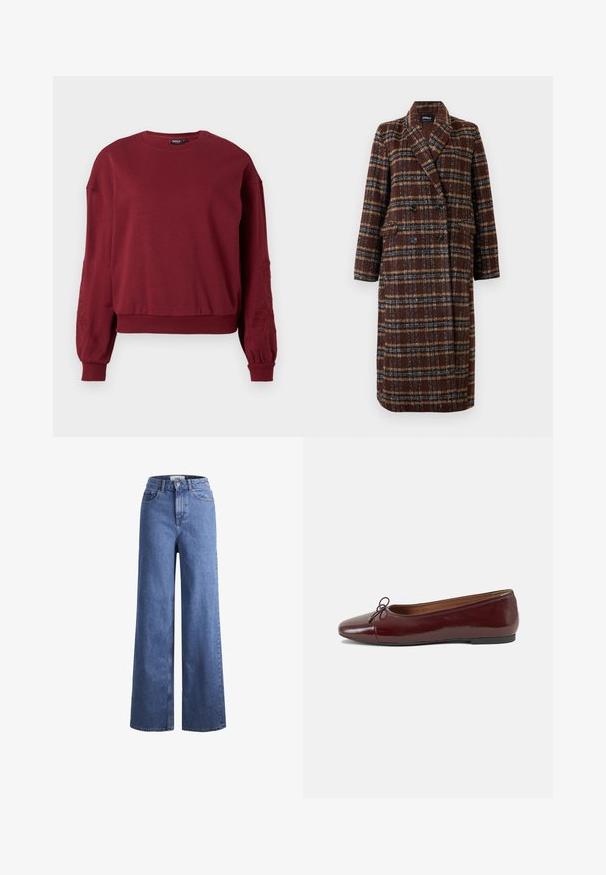 Hosszú, dupla soros barna kockás kabát, kapucnis gallérral, fekete gombokkal és hajtókás zsebekkel, fehér háttér előtt bemutatva.; Burgundi hosszú ujjú pulcsi, kerek nyakkivágással, bordázott mandzsettákkal és alsó résszel, finom virágmintás hímzéssel a ujjain.; Világoskék, széles szárú farmernadrág magas derékkal, két elülső zsebbel és látható varrással. Gombos és cipzáros záródás.; Burgundi lakkbőr balettcipő kerek orral, elöl kis masni díszítéssel és alacsony, fekete gumi talppal. Simára csiszolt felület.