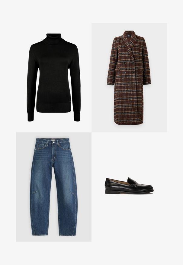 Długi brązowy płaszcz w kratę z podwójnym zapięciem, z klapami, czarnymi guzikami i kieszeniami z klapami, wyeksponowany na białym tle.; Czarny sweter z golfem wykonany z miękkiego materiału dzianinowego. Posiada długie rękawy, ściągacze na mankietach oraz ściągacz u dołu. Prosty, klasyczny design.; Ciemnoniebieskie dżinsy o prostym kroju, z przednimi kieszeniami, kontrastowym szwem i delikatnie wyblakłą strukturą na nogawkach.; Czarne skórzane mokasyny z okrągłym noskiem, łatwe do zakładania, z subtelnymi przeszyciami wzdłuż cholewki. Płaska gumowa podeszwa.