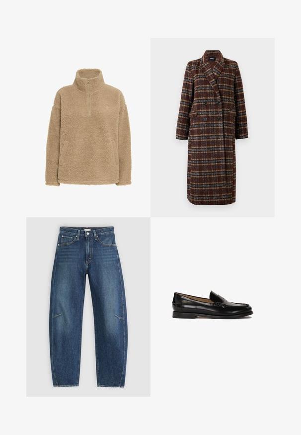 Dlhý hnedý károvaný kabát na dvojité zapínanie s klopovým golierom, čiernymi gombíkmi a vreckami s chlopňou, vystavený na bielom pozadí.; Béžový fleecový pulóver s polovičným zipsom, vysokým golierom a bočnými vreckami; má textúrovaný, jemný povrch a voľný strih.; Tmavomodré riflové nohavice so strihom rovného nohu, ktoré majú predné vrecká, kontrastné šitie a jemnú vyblednutú textúru na nohách.; Čierne kožené loafery s okrúhlou špičkou, bez zapínania, a jemnými švovými detailmi pozdĺž hornej časti. Plátená gumená podrážka.