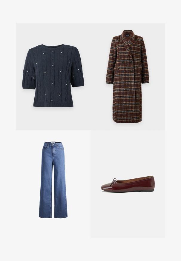 Pitkä kaksirivinen ruskea ruudullinen takki, jossa on liepeekot, mustat napit ja läpälliset taskut, esillä valkoista taustaa vasten.; Tummansininen neulepaita, jossa on lyhyet hihat, kaapelikuvioita ja koristeellisia jalokivikoristeita ympäriinsä. Pyöreä pääntie ja ribbireuna.; Vaaleansiniset farkut leveillä lahkeilla, korkea vyötärö, kaksi etutaskua ja näkyvät ompeleet. Varustettu napilla ja vetoketjulla.; Burgundin värinen lakattu nahkainen ballerinatossu pyöreällä varvaskärjellä, pienen nauhan yksityiskohdalla edessä ja matalalla mustalla kumipohjalla. Sujuva pinta.