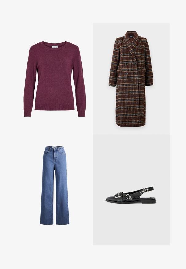 Casaco xadrez castanho de dupla face, com colarinho de lapela, botões pretos e bolsos de aba, exibido sobre um fundo branco.; Suéter de malha bordeaux com decote arredondado, mangas longas, punhos e barra canelados. Textura suave com um aspeto sutilmente mesclado.; Jeans de ganga azul claro, de perna larga e cintura alta, com dois bolsos frontais e costuras visíveis. Apresenta um fecho de botão e zíper.; Sapato slingback preto em couro com bico pontiagudo, duas fivelas prateadas e um salto baixo em bloco. Apresenta um cabedal texturizado e parte de trás aberta.