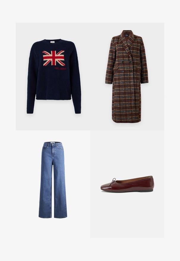 Casaco xadrez castanho de dupla face, com colarinho de lapela, botões pretos e bolsos de aba, exibido sobre um fundo branco.; Pepe Jeans CAITLIN - Camisola - dulwich blue; Jeans de ganga azul claro, de perna larga e cintura alta, com dois bolsos frontais e costuras visíveis. Apresenta um fecho de botão e zíper.; Bailarinas em couro sintético borgonha com bico redondo, pequeno laço na frente e sola baixa em borracha preta. Textura suave.