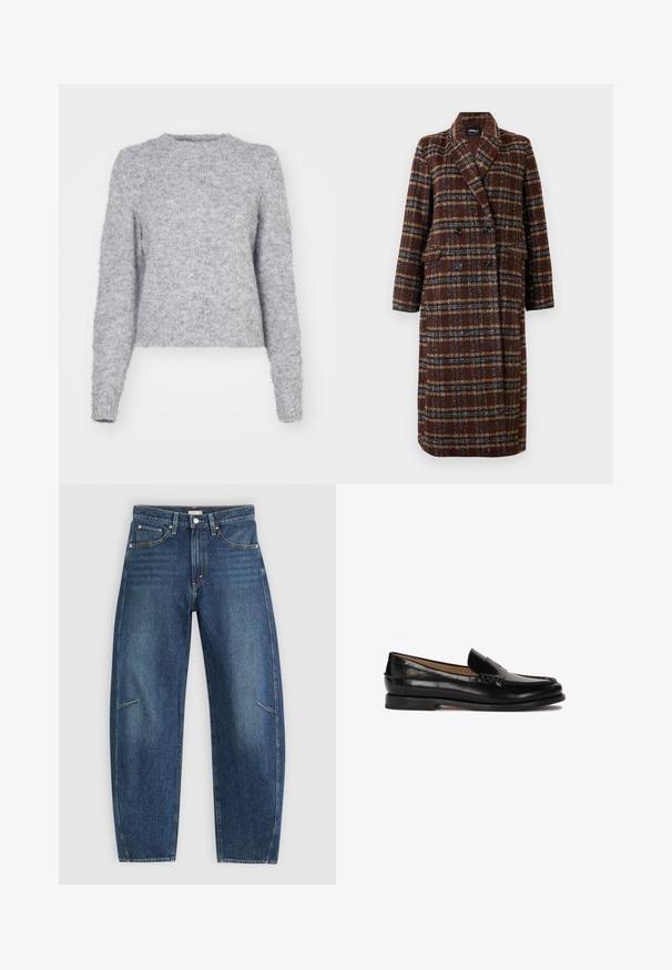 Ilgas dvigubas rudas langeliais paltas su apykakle, juodais mygtukais ir kišenėmis su atvartais, eksponuojamas ant balto fono.; Pilkas megztinis su apvalia kaklo išpjova, ilgomis rankovėmis ir minkšta, pūkuota tekstūra. Savo dizainu turi trumpą hemą ir šiek tiek laisvą siluetą.; Tamsiai mėlynos džinsinės kelnės su tiesiomis kojomis, turinčios priekinės kišenes, kontrastingą siuvimą ir subtilų pabandymą ant kojų.; Juodas odinis loafers stiliaus batelis su apvaliu nosimi, lengvai užsidedantis dizainas ir subtilūs siuvinėjimo detalės viršuje. Lygus guminis padas.