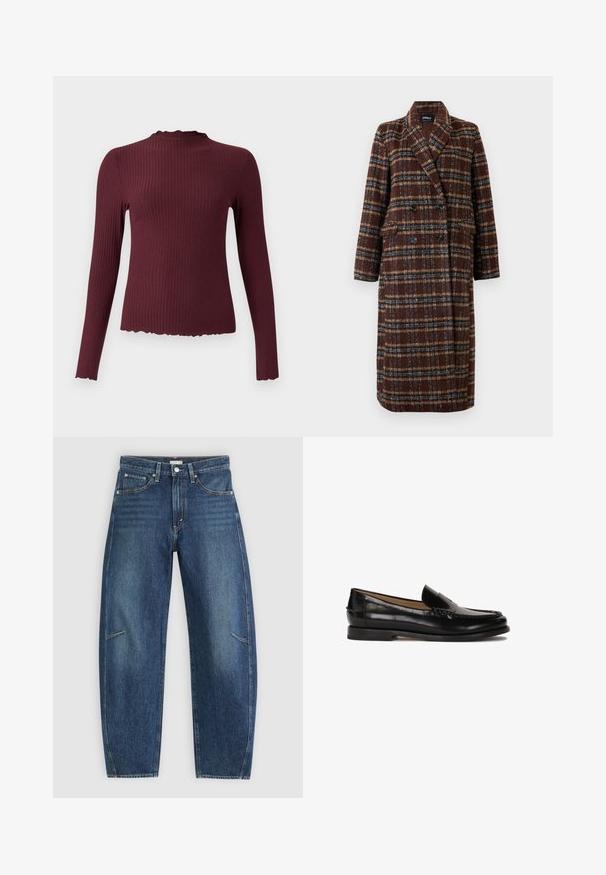 Abrigo de cuadro marrón de doble botonadura largo con cuello de solapa, botones negros y bolsillos con solapa, exhibido contra un fondo blanco.; Top burdeos de manga larga, textura acanalada, cuello alto con borde festoneado, forma ajustada, tela suave y dobladillo ligeramente recortado.; Jeans de mezclilla azul oscuro con un diseño de pierna recta, que cuentan con bolsillos frontales, costuras en contraste y una sutil textura desgastada en las piernas.; Mocasín de cuero negro con puntera redondeada, diseño deslizante y detalles de costura sutiles a lo largo de la parte superior. Suela de goma plana.