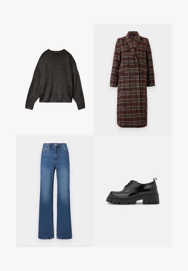 Pikk topeltkinnitatud pruuni ruudulise mustriga mantel, millel on krae, mustad nupud ja klapptaskud, esitatud valge tausta ees.; Tumehall villane särk, pehmest kangast, ümmarguse kaelusega, langenud õlgade ja soonikkoes hemmi ja varrukatega. Lihtne disain, ilma mustriteta.; Klassikalised kõrge vöökoht ja laiad sinised teksad, valmistatud denimist, omavad klassikalist viit taskut ja peent kulumist jalgadel.; Mustad mustri kingad, millel on paks platvormsüstal ja paksed nöörid. Ümar nina, minimaalne detaljide arv ja väike kannataga tab.