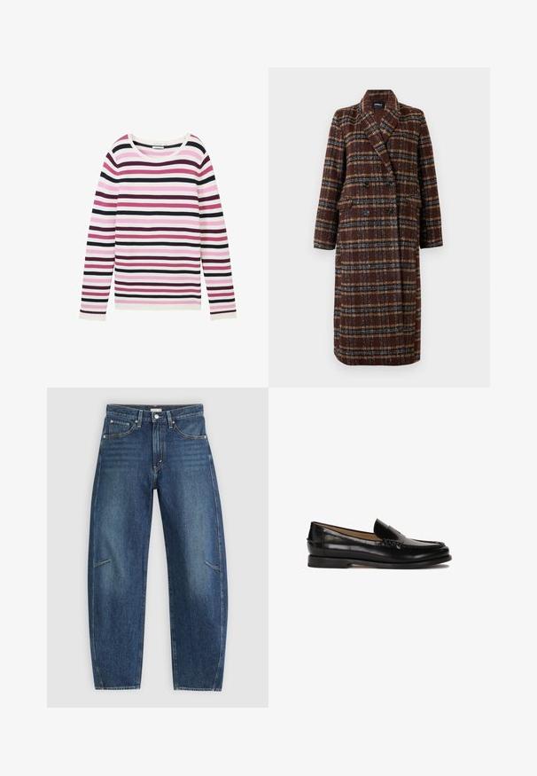 Langer brauner Karo-Doppelreiher-Mantel mit Reverskragen, schwarzen Knöpfen und Klappentaschen, vor einem weißen Hintergrund präsentiert.; Langarm gestreifter Oberteil in Pink, Weiß und Dunkellila. Verfügt über eine gerippte Textur und einen weiten, runden Ausschnitt.; Dunkelblaue Jeans aus Denim mit geradem Bein, ausgestattet mit Vorderaschen, Kontrastnähten und einer dezenten, ausgewaschenen Textur an den Beinen.; Schwarzer Lederloafer mit runder Zehenpartie, schlupfendem Design und dezenten Nahtdetails entlang des Oberteils. Flache Gummisohle.