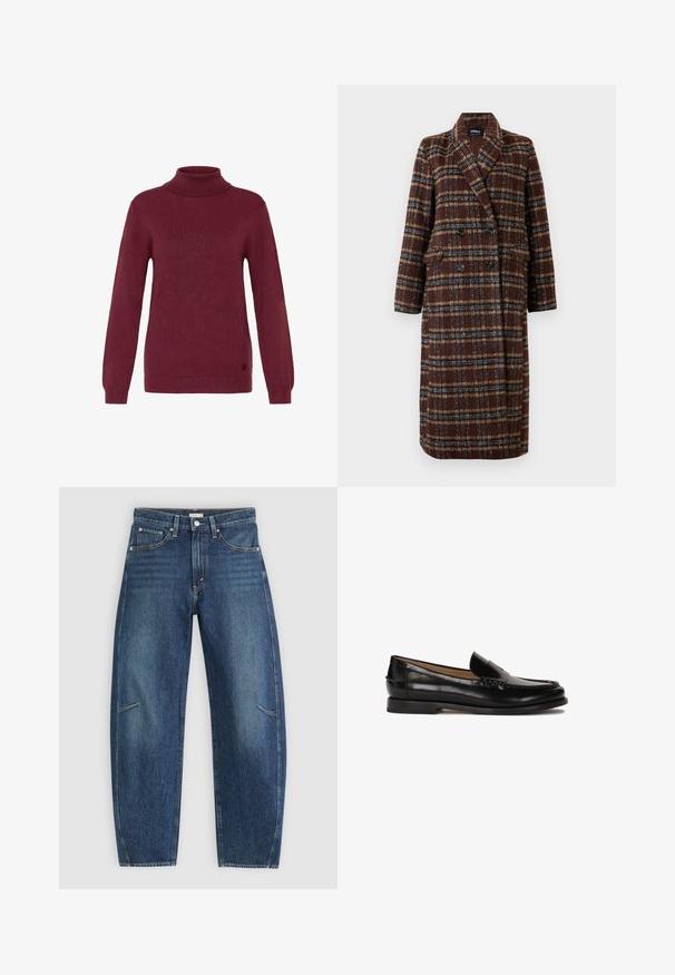 Manteau long en plaid marron à double boutonnage avec col à revers, boutons noirs et poches à rabat, présenté sur un fond blanc.; Pull à col roulé bordeaux en tissu côtelé, avec des manches longues et des poignets ajustés, arborant un logo circulaire au niveau de l'ourlet.; Jean en denim bleu foncé avec une coupe droite, dotés de poches avant, de surpiqûres contrastées et d'une texture légèrement délavée sur les jambes.; Mocassin en cuir noir avec un bout arrondi, design à enfiler et détails de couture subtils le long de la tige. Semelle plate en caoutchouc.