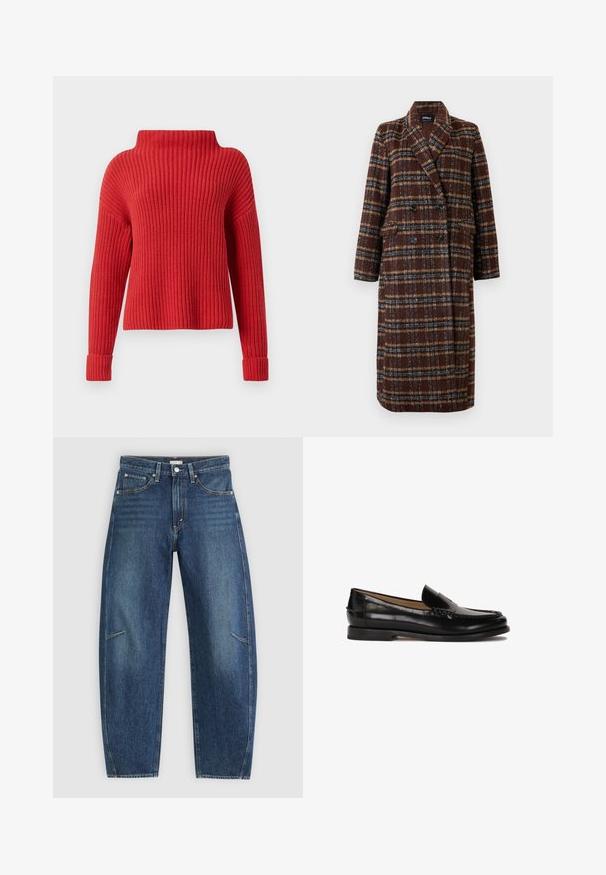 Langer brauner Karo-Doppelreiher-Mantel mit Reverskragen, schwarzen Knöpfen und Klappentaschen, vor einem weißen Hintergrund präsentiert.; Roter Strickpullover mit hohem Kragen, geripptem Struktur, langen Ärmeln und taillierten Bündchen. Lässiger, kastiger Schnitt, ideal zum Layering.; Dunkelblaue Jeans aus Denim mit geradem Bein, ausgestattet mit Vorderaschen, Kontrastnähten und einer dezenten, ausgewaschenen Textur an den Beinen.; Schwarzer Lederloafer mit runder Zehenpartie, schlupfendem Design und dezenten Nahtdetails entlang des Oberteils. Flache Gummisohle.