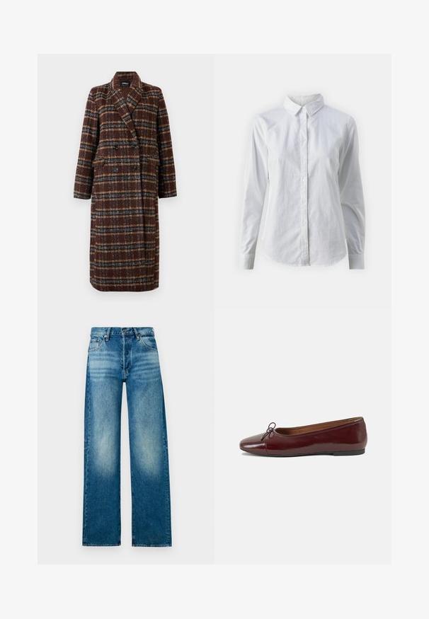 Gara divrindas brūna raibā mētelis ar atloku apkakli, melniem pogām un kabatām ar vāciņu, izstādīta pret baltu fona.; Balta pogājamā krekla augšdaļa, izgatavota no gluda kokvilnas, ar klasisku apkakli, garām piedurknēm un izliekto apakšmalu. Pogas ir mazas un baltas.; Gaiši zili džinsi ar augstu jostasvietu, platām kājām un izbalējušu apdari. Iekļauj klasisko piecu kabatu dizainu un metāla pogu aizdari.; Burgundijas laku ādas baleta kurpes ar noapaļotu purngalu, nelielu loku akcentu priekšā un zemu melnu gumijas zoli. Gluda tekstūra.