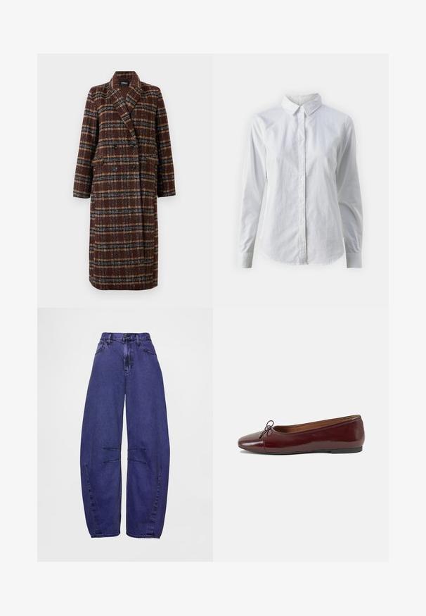 Casaco xadrez castanho de dupla face, com colarinho de lapela, botões pretos e bolsos de aba, exibido sobre um fundo branco.; Camisa branca de botão feita de algodão suave, com colarinho clássico, mangas longas e bainha curva. Os botões são pequenos e brancos.; Jeans de ganga roxos de perna larga com cintura alta, bolsos frontais e duas costuras horizontais nas pernas.; Bailarinas em couro sintético borgonha com bico redondo, pequeno laço na frente e sola baixa em borracha preta. Textura suave.