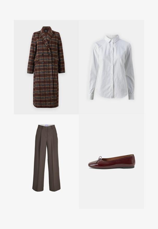 Palton lung, dublu-botonat, din material cu carouri maro, cu guler tip rever, nasturi negri și buzunare cu clapă, expus pe un fundal alb.; Cămașă albă cu nasturi, confecționată din bumbac neted, având un guler clasic, mâneci lungi și un tiv curbat. Nasturii sunt mici și albi.; Pantaloni cu picioare largi dintr-un material maro, având talie înaltă, plisuri frontale și o textură netedă. Include bucle pentru centură pentru un plus de detaliu.; Balerini din piele patent burgund cu vârful rotund, accent de fundiță mică în față și talpă joasă din cauciuc negru. Textură netedă.