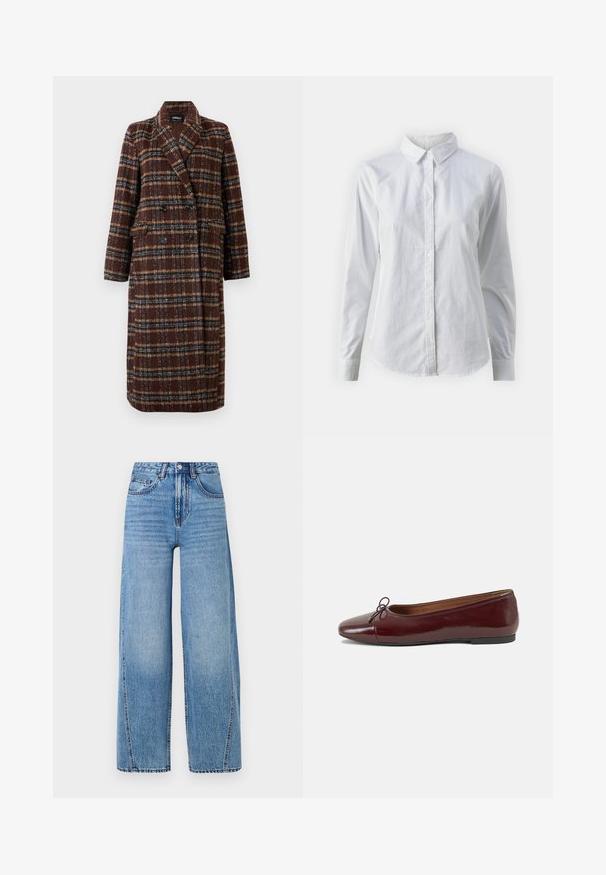 Pikk topeltkinnitatud pruuni ruudulise mustriga mantel, millel on krae, mustad nupud ja klapptaskud, esitatud valge tausta ees.; Valge nööpidega särk, mis on valmistatud siledast puuvillast. Särgil on klassikaline krae, pikad varrukad ja kaarduv äär. Nöödid on väikesed ja valged.; Kõrge vöökohaga helesinised laiad teksapüksid ees olevate taskutega, vöölõngadega, nuppude sulgemisega ja nähtavate õmblusteadetega.; Burgundi patendnahk kingad balletitüüpi, ümmarguse ninaosa, ees väike paelaaktsent ja madal must kummist tald. Sile tekstuur.