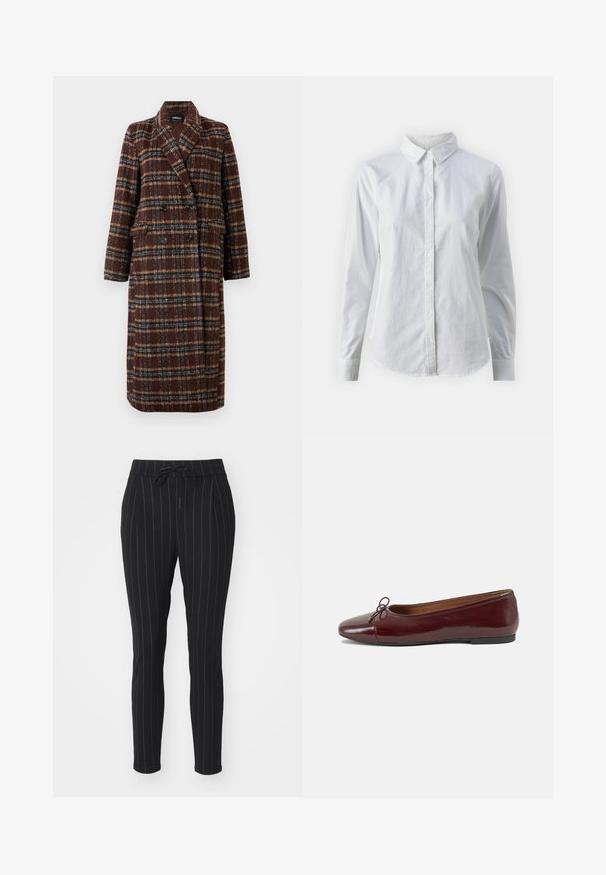 Długi brązowy płaszcz w kratę z podwójnym zapięciem, z klapami, czarnymi guzikami i kieszeniami z klapami, wyeksponowany na białym tle.; Biała koszula zapinana na guziki, wykonana z gładkiej bawełny, z klasycznym kołnierzykiem, długimi rękawami i zaokrąglonym dołem. Guziki są małe i białe.; Czarne spodnie w pionowe białe paski, wykonane z miękkiego materiału, z elastycznym paskiem w talii i zwężającym się krojem nogawki.; Bordowe baleriny z lakierowanej skóry z zaokrąglonym noskiem, małą kokardką z przodu oraz niską, czarną gumową podeszwą. Gładka tekstura.