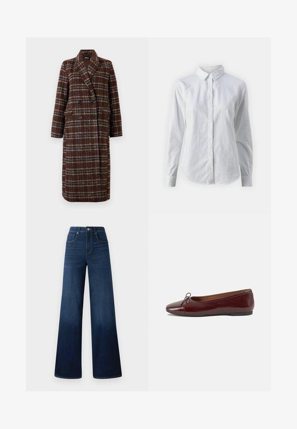 Ilgas dvigubas rudas langeliais paltas su apykakle, juodais mygtukais ir kišenėmis su atvartais, eksponuojamas ant balto fono.; Balta marškinėliai su mygtukais, pagaminti iš lygios medvilnės, su klasikiniais apykaklės, ilgomis rankovėmis ir lenktu kraštu. Mygtukai maži ir balti.; Platūs tamsiai mėlyni džinsai, pagaminti iš džinsinio audinio, su aukštu liemeniu, penkiomis kišenėmis ir kontrastingomis siūlėmis.; Bordo lakiotos odos baleto bateliai su apvalia nosimi, maža kaspinėlio akcentu priekyje ir žema juoda guma padanga. Lygi tekstūra.