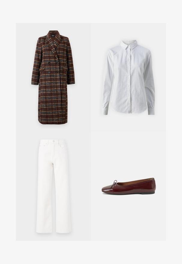 Long double-breasted brown plaid coat with lapel collar, black buttons, and flap pockets, displayed against a white background.; White button-up shirt made of smooth cotton, featuring a classic collar, long sleeves, and a curved hem. Buttons are small and white.; White denim jeans, high-waisted, wide-leg design, classic five-pocket style, front button and zipper closure, smooth texture with no visible patterns.; Burgundy patent leather ballet flat with a rounded toe, small bow accent at the front, and a low, black rubber sole. Smooth texture.