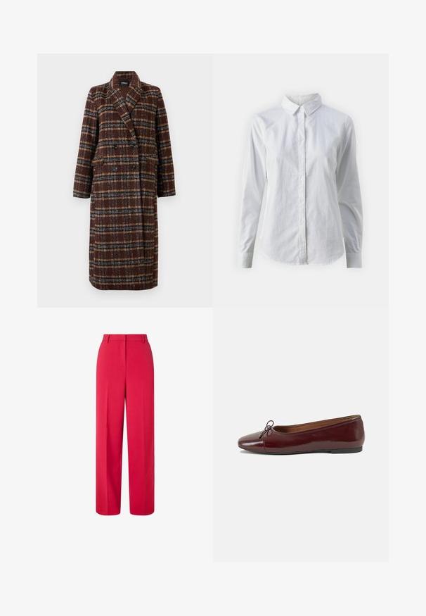 Lång dubbelknäppt brun rutig kappa med slagkrage, svarta knappar och ficklock, uppställd mot en vit bakgrund.; Vit skjorta med knappar, tillverkad av mjuk bomull, med klassisk krage, långa ärmar och en böjd fåll. Knapparna är små och vita.; Höga vida röda byxor med bältesöppningar och dold framslutning mot en vit bakgrund.; Burgunderfärgad lackläderballettskor med rund tå, liten rosettdekoration fram och en låg, svart gummisula. Slät textur.