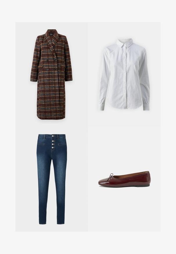 Hosszú, dupla soros barna kockás kabát, kapucnis gallérral, fekete gombokkal és hajtókás zsebekkel, fehér háttér előtt bemutatva.; Fehér, sima pamutből készült gombos ing, klasszikus gallérral, hosszú ujjakkal és ívelt hemvéggel. A gombok kicsik és fehérek.; Sötétkék farmernadrág magas derékkal, öt gombos sliccsel és két elülső zsebből áll. Sima textúra, kontrasztos varrási részletekkel.; Burgundi lakkbőr balettcipő kerek orral, elöl kis masni díszítéssel és alacsony, fekete gumi talppal. Simára csiszolt felület.