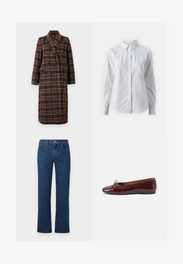 Długi brązowy płaszcz w kratę z podwójnym zapięciem, z klapami, czarnymi guzikami i kieszeniami z klapami, wyeksponowany na białym tle.; Biała koszula zapinana na guziki, wykonana z gładkiej bawełny, z klasycznym kołnierzykiem, długimi rękawami i zaokrąglonym dołem. Guziki są małe i białe.; Granatowe dżinsy straight-leg z zapięciem na guzik i zamek błyskawiczny, z kieszeniami z przodu i na monetę oraz z szlufkami na pasek, wyeksponowane na białym tle.; Bordowe baleriny z lakierowanej skóry z zaokrąglonym noskiem, małą kokardką z przodu oraz niską, czarną gumową podeszwą. Gładka tekstura.