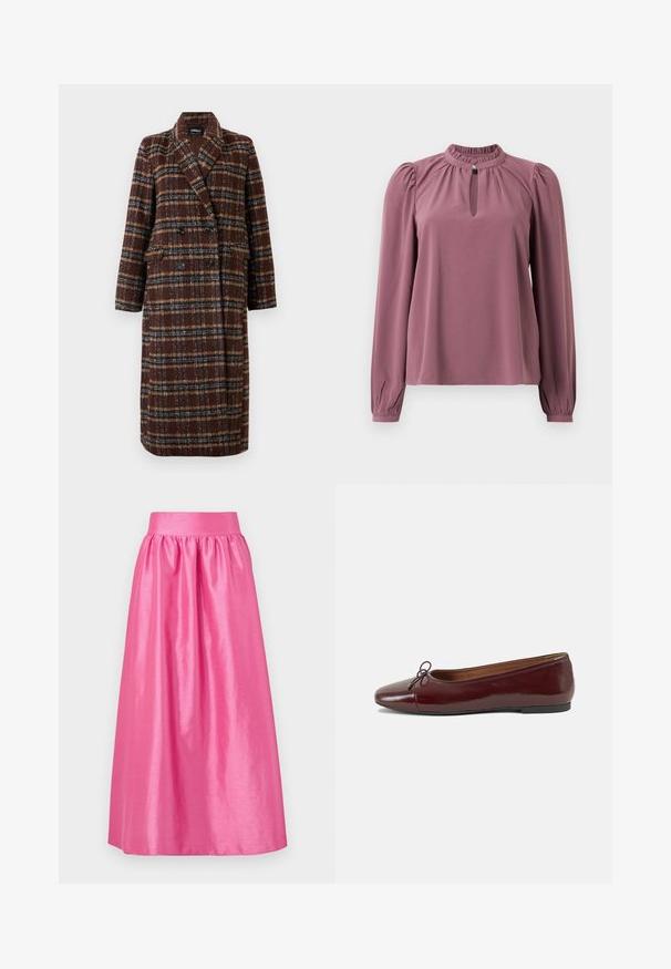 Palton lung, dublu-botonat, din material cu carouri maro, cu guler tip rever, nasturi negri și buzunare cu clapă, expus pe un fundal alb.; Bluză cu mânecă lungă în nuanța mauve, cu guler plisat, decolteu în formă de cheie cu închidere cu buton și umeri ușor bufanți.; Fustă lungă din satin roz, cu un brâu strâns și un siloetă vaporoasă. Textură fină, cu un finisaj strălucitor.; Balerini din piele patent burgund cu vârful rotund, accent de fundiță mică în față și talpă joasă din cauciuc negru. Textură netedă.