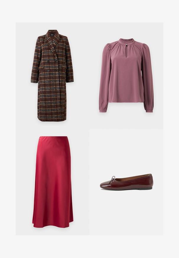 Hosszú, dupla soros barna kockás kabát, kapucnis gallérral, fekete gombokkal és hajtókás zsebekkel, fehér háttér előtt bemutatva.; Hosszan ujjú mályva blúz, gyűrt gallérral, kislyukú nyakkivágással, gombos záródással és enyhén puffos vállakkal.; Piros selymes hosszú szoknya, sima textúrával, enyhén harang alakú kivágással és oldalsó hasítékkal a könnyű mozgás érdekében. Nincsenek látható fémrészek vagy díszítések.; Burgundi lakkbőr balettcipő kerek orral, elöl kis masni díszítéssel és alacsony, fekete gumi talppal. Simára csiszolt felület.