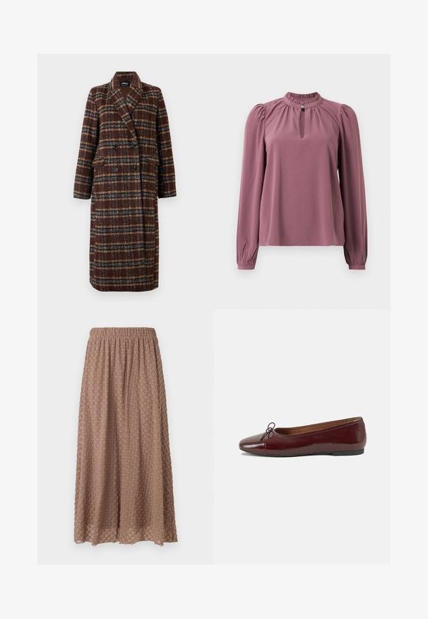Cappotto lungo doppiopetto a quadri marrone con colletto a bavero, bottoni neri e tasche a soffietto, esposto su uno sfondo bianco.; Blusa a maniche lunghe in malva con colletto arricciato, scollatura a chiave con chiusura a bottone e spalle leggermente gonfie.; Gonna marrone lunga fino al ginocchio con vita elasticizzata, tessuto testurizzato con motivo a rombi in una tonalità più chiara, leggera e fluida.; Ballerine in pelle verniciata bordeaux con punta arrotondata, piccolo fiocco decorativo sulla parte anteriore e suola bassa in gomma nera. Texture liscia.