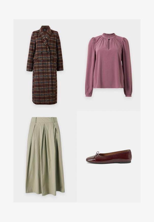 Dolg plašč z dvojnim zapenjanjem v rjavem karirastem vzorcu z rever ovratnikom, črnimi gumbi in žepi s poklopcem, prikazan na belem ozadju.; Mauve bluza s dolgimi rokavi z nabranim ovratnikom, ključavnico na vratu z zapiranjem na gumb ter rahlo napihnjenimi rameni.; Plisirana midi krila v svetlo olivni zeleni barvi, izdelana iz lahko tkanine z gladkim potekom. Ima visok pas in rahlo padajočo silhueto.; Burgundska patenti usnjeni baletni čevlji z zaobljenim prstom, majhnim lokom na sprednji strani in nizkim črnim gumijastim podplatom. Gladka tekstura.