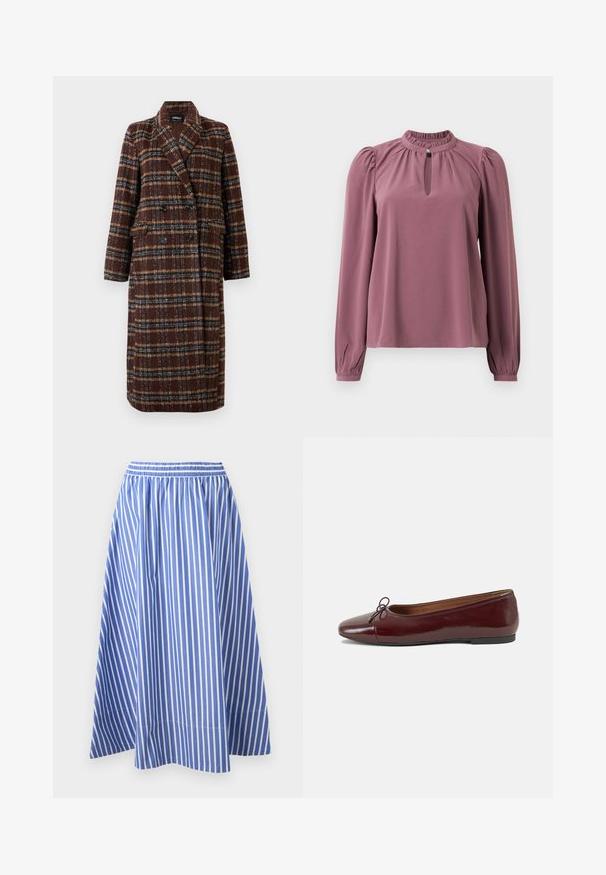 Gara divrindas brūna raibā mētelis ar atloku apkakli, melniem pogām un kabatām ar vāciņu, izstādīta pret baltu fona.; Garšā piedurkne mauve krāsas blūze ar saplacinātu apkakli, atslēgas caurumu dekoltē ar pogu aizdari un nedaudz pūkainām plecu daļām.; Zila un balta svītrota svārku, ar elastīgu jostu un plūstošu A-līnijas siluetu, izgatavota no viegla auduma.; Burgundijas laku ādas baleta kurpes ar noapaļotu purngalu, nelielu loku akcentu priekšā un zemu melnu gumijas zoli. Gluda tekstūra.